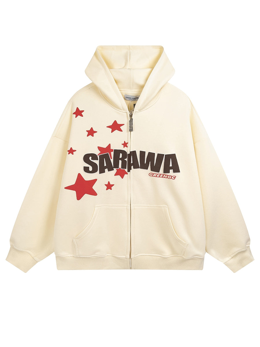 Vintage Star Letter Foam Print Hoodie