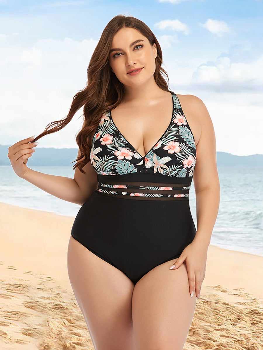 Curve Mesh Striped Tropical One Piece Swimsuit KeepShowing
