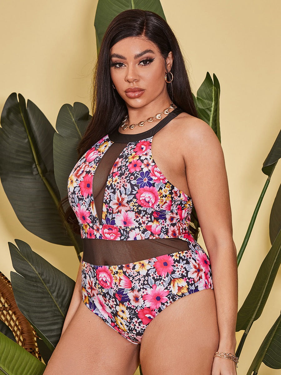 Curve Floral Halter One Piece Swimsuit KeepShowing