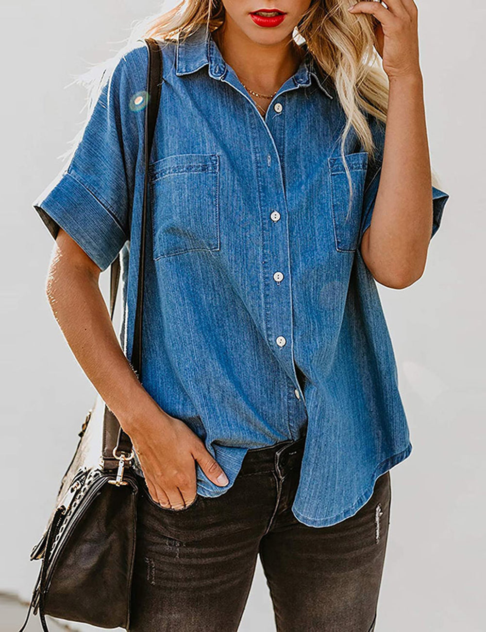 Keepshowing Women Denim Blouse with Roll Up Sleeves KeepShowing