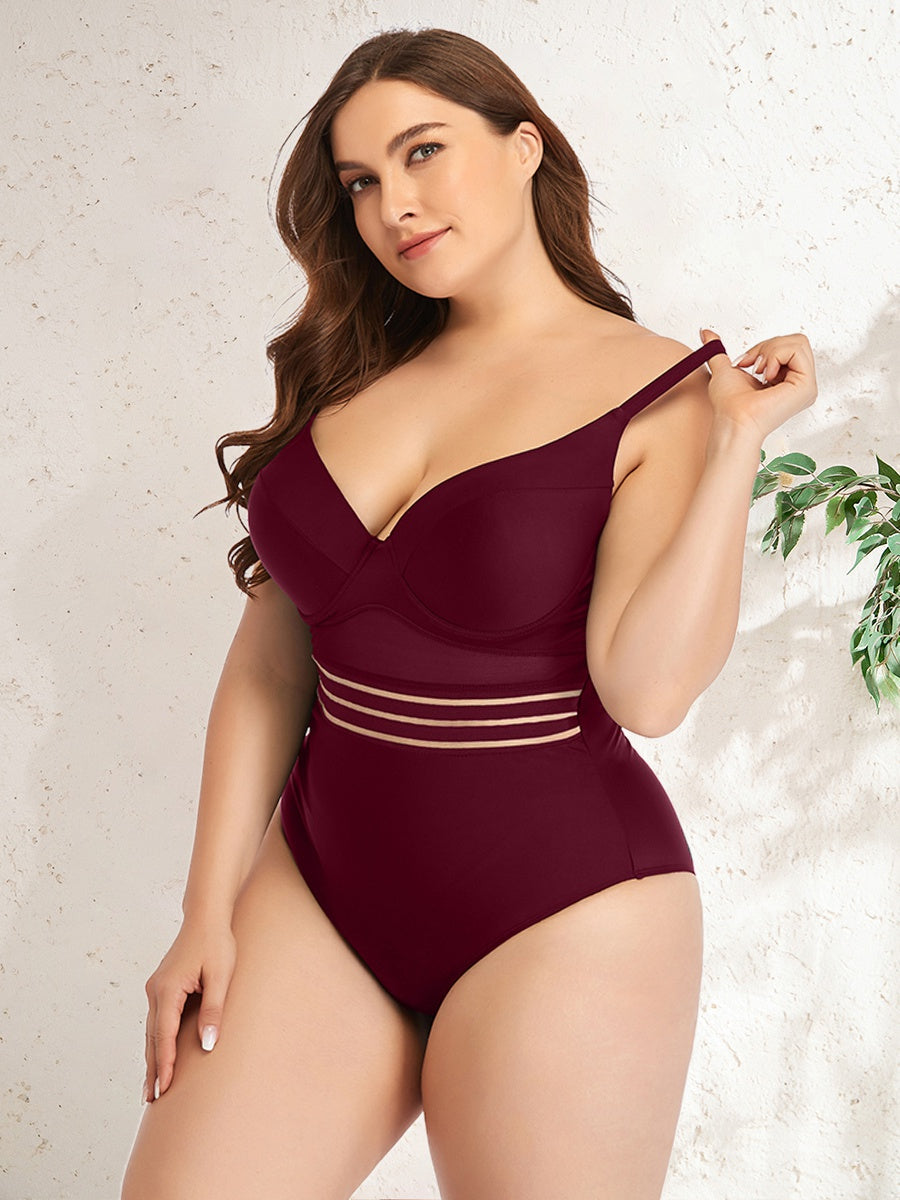 Curve Mesh Striped Underwired One Piece Swimsuit KeepShowing