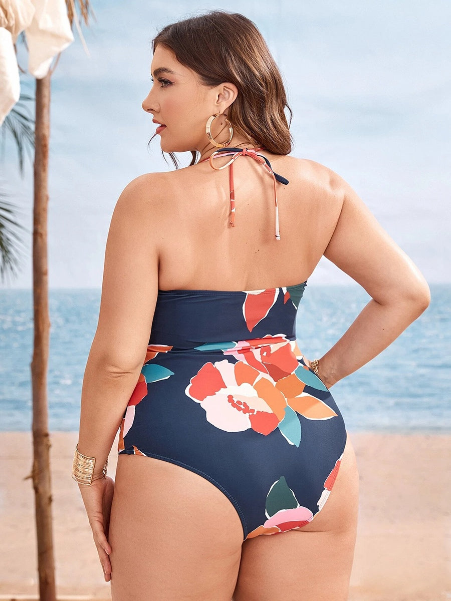 Curve Large Flower Halter One Piece Swimsuit KeepShowing