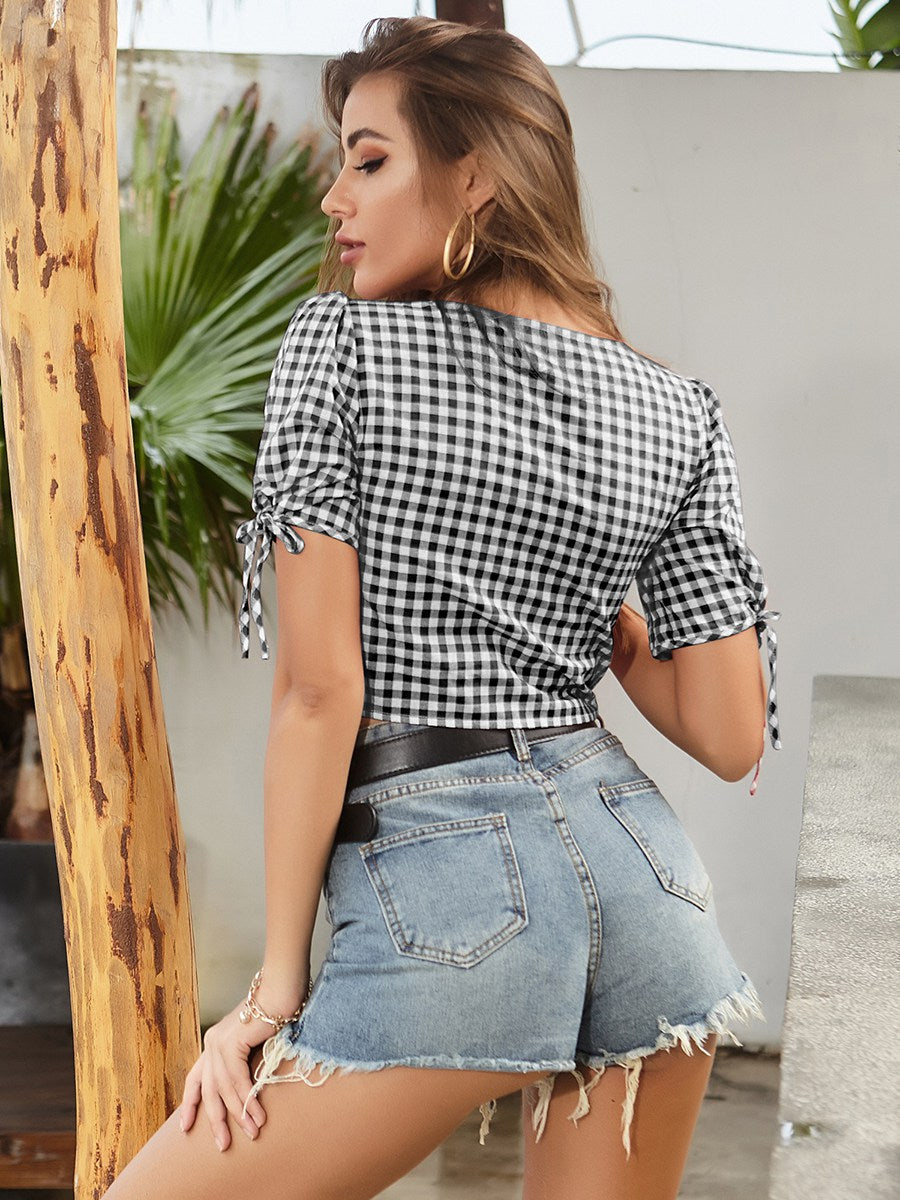 Button Up Crop Gingham Blouse KeepShowing