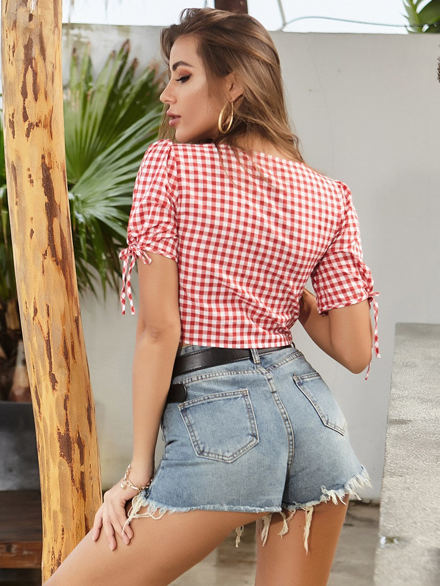 Button Up Crop Gingham Blouse KeepShowing