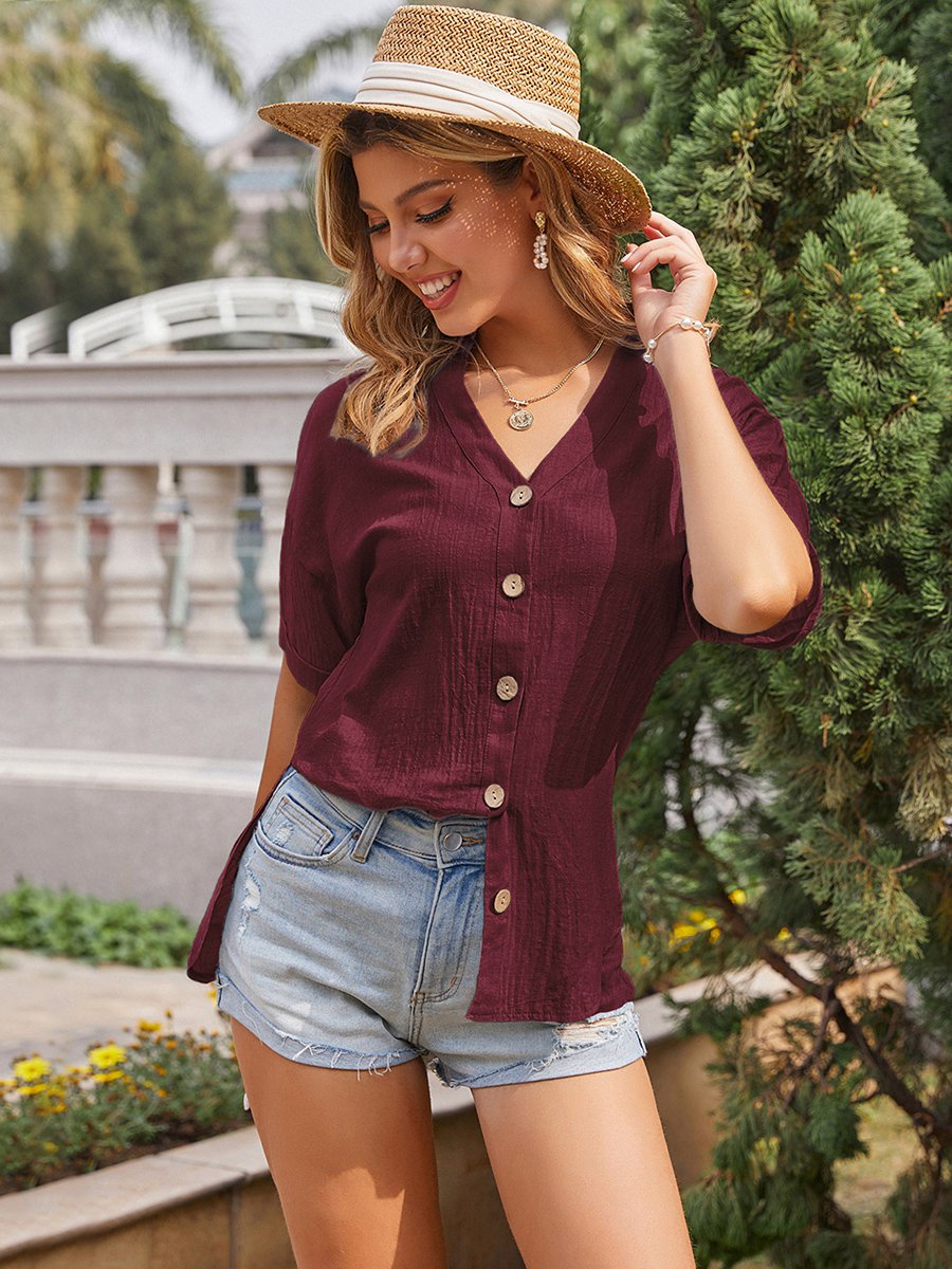 Button Front V-Neck Blouse KeepShowing