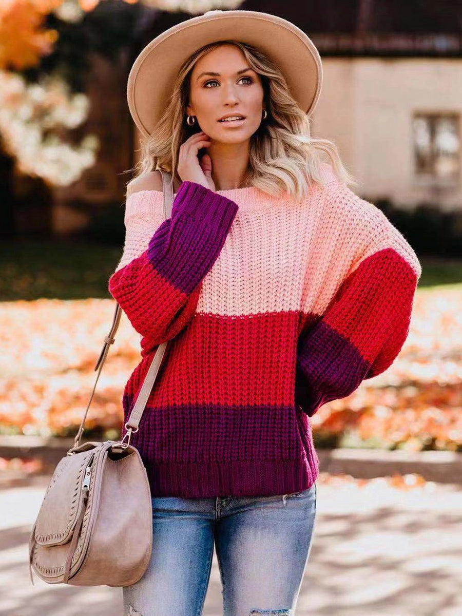 Color Block Pattern Women Knit Sweater keepshowingshop