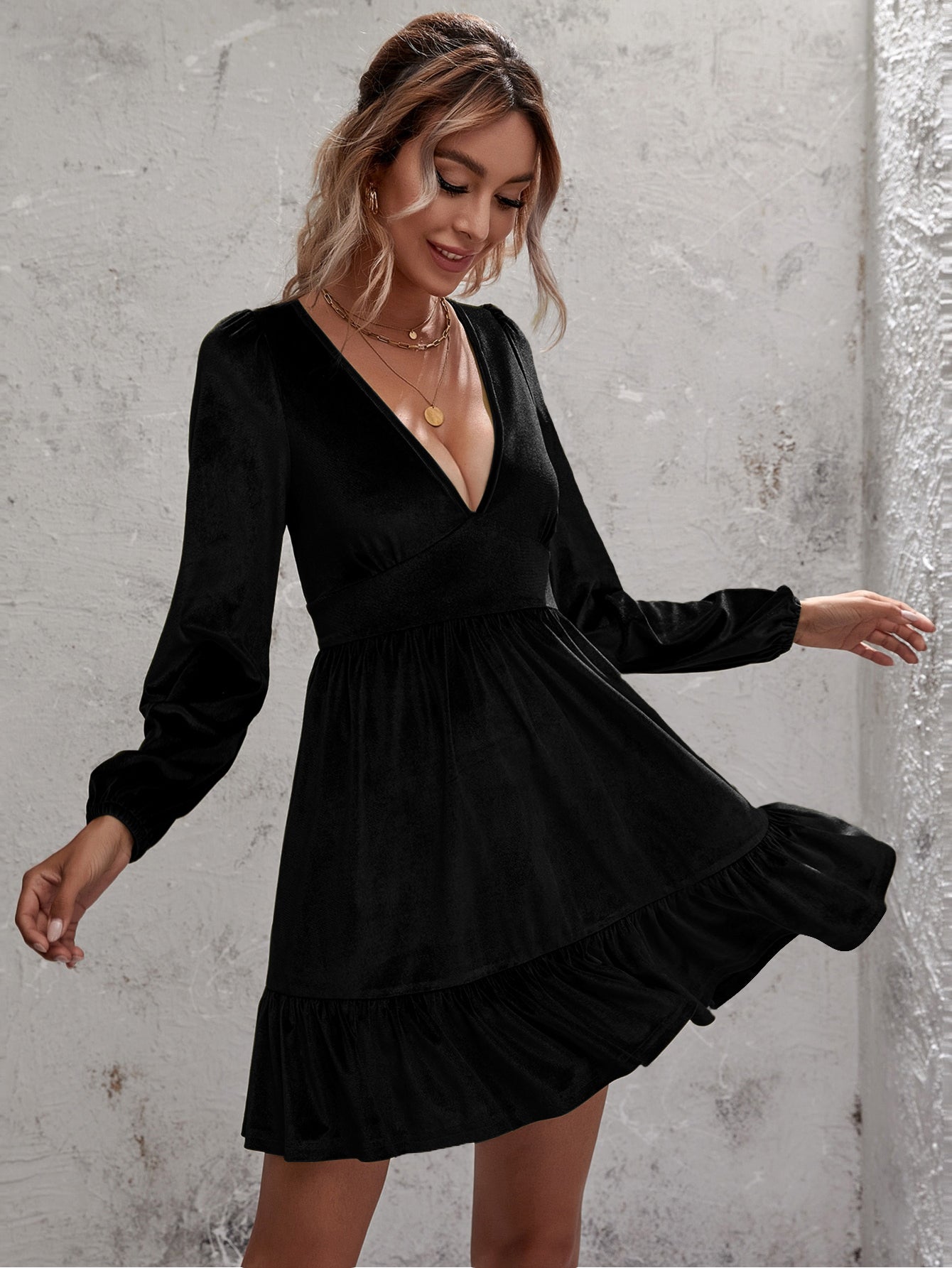 Keepshowing Long Sleeve Plunge Velvet Party Dress KeepShowing