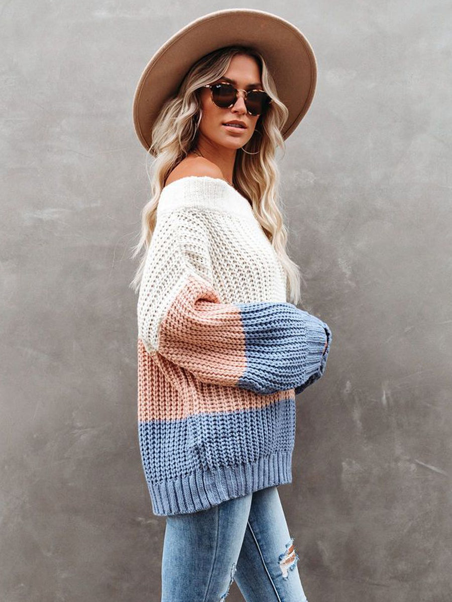 Color Block Pattern Women Knit Sweater keepshowingshop