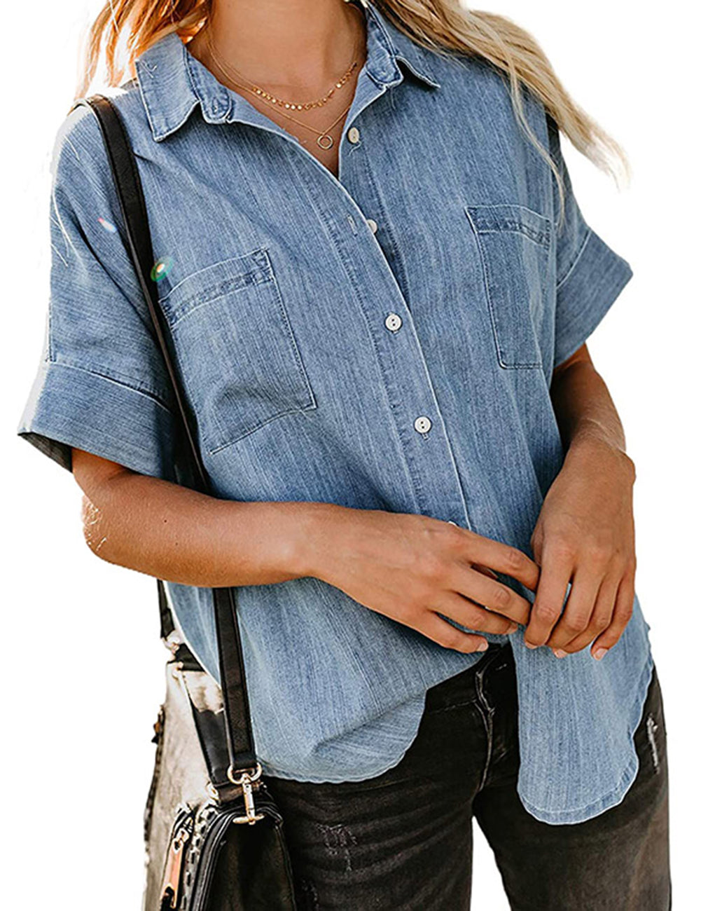 Keepshowing Women Denim Blouse with Roll Up Sleeves KeepShowing